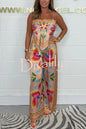 Parrot Satin Unique Print Scarf Tank & Elastic Waist Wide Leg Pants Set