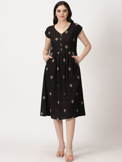 Geometric Woven Design Midi Dress with Embroidered Pockets