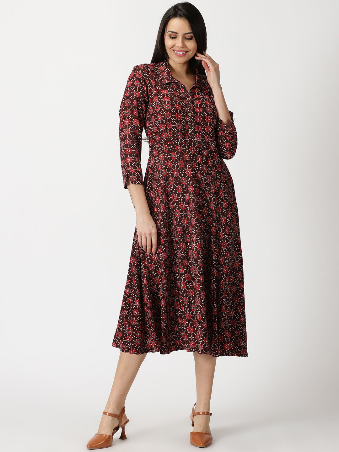 Abstract Print Shirt Collar Midi Dress