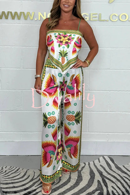 Parrot Satin Unique Print Scarf Tank & Elastic Waist Wide Leg Pants Set