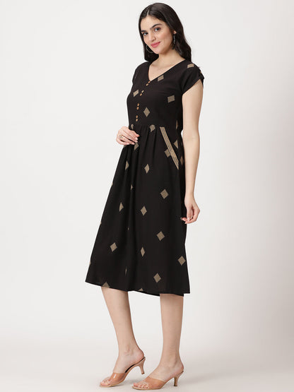 Geometric Woven Design Midi Dress with Embroidered Pockets