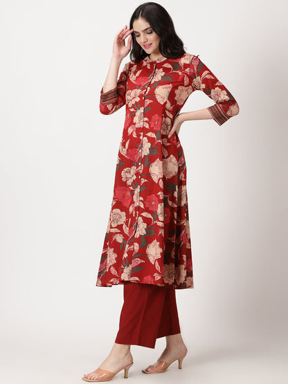 Maroon Floral Print Cotton Button-Down Kurta