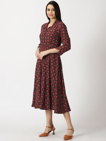 Abstract Print Shirt Collar Midi Dress