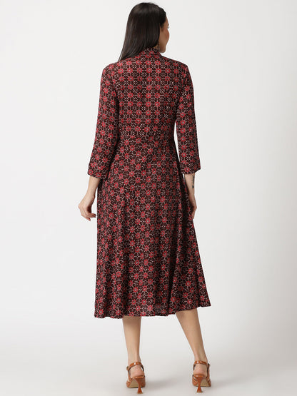 Abstract Print Shirt Collar Midi Dress