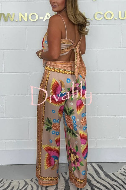 Parrot Satin Unique Print Scarf Tank & Elastic Waist Wide Leg Pants Set