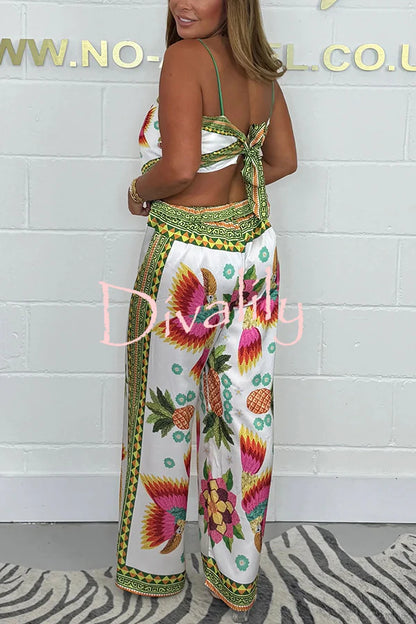 Parrot Satin Unique Print Scarf Tank & Elastic Waist Wide Leg Pants Set