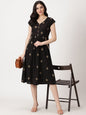 Geometric Woven Design Midi Dress with Embroidered Pockets