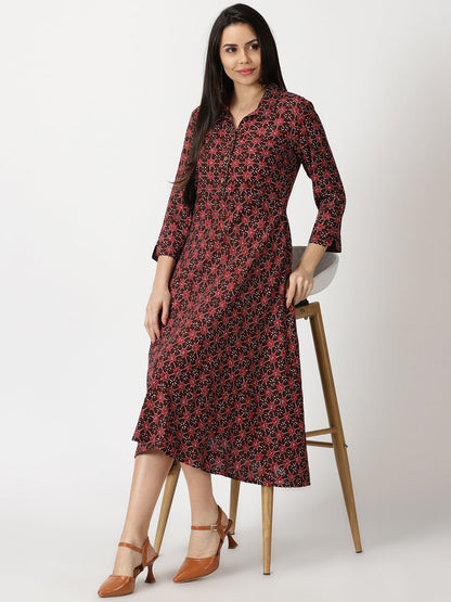 Abstract Print Shirt Collar Midi Dress