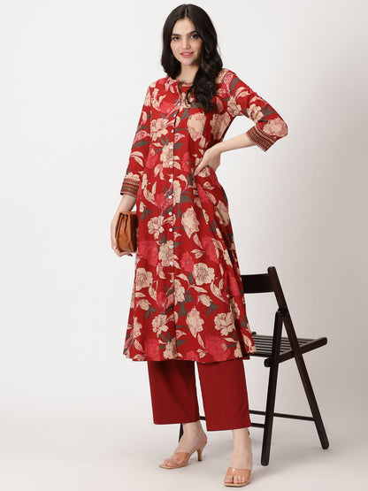 Maroon Floral Print Cotton Button-Down Kurta