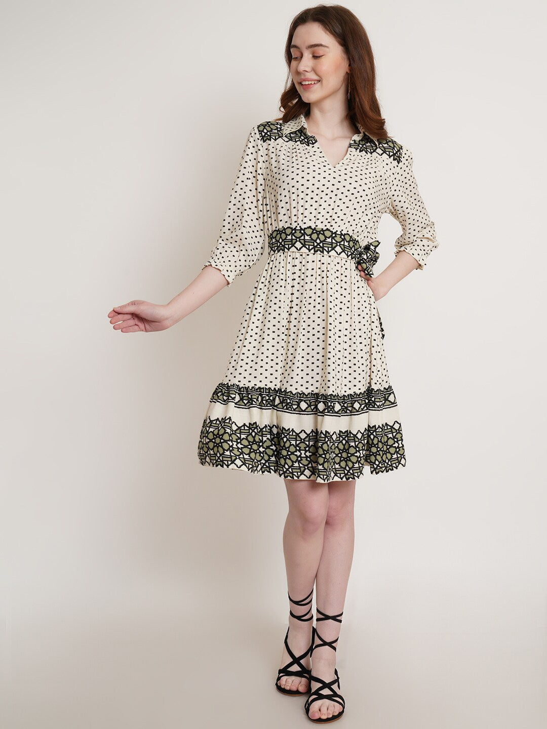 Flared Hem Geometric Print Dress with Puff Sleeves