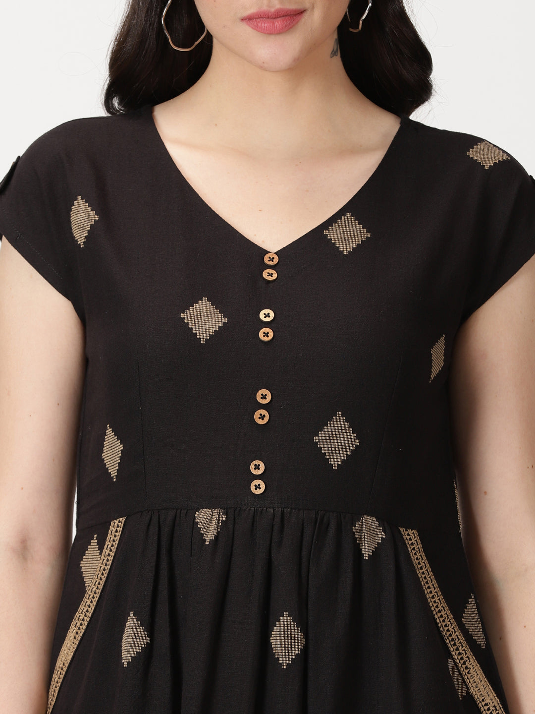 Geometric Woven Design Midi Dress with Embroidered Pockets