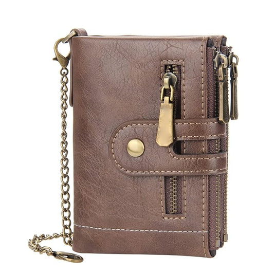 Anti-lost Chain Leather Double Zipper Bifold Wallet Purse