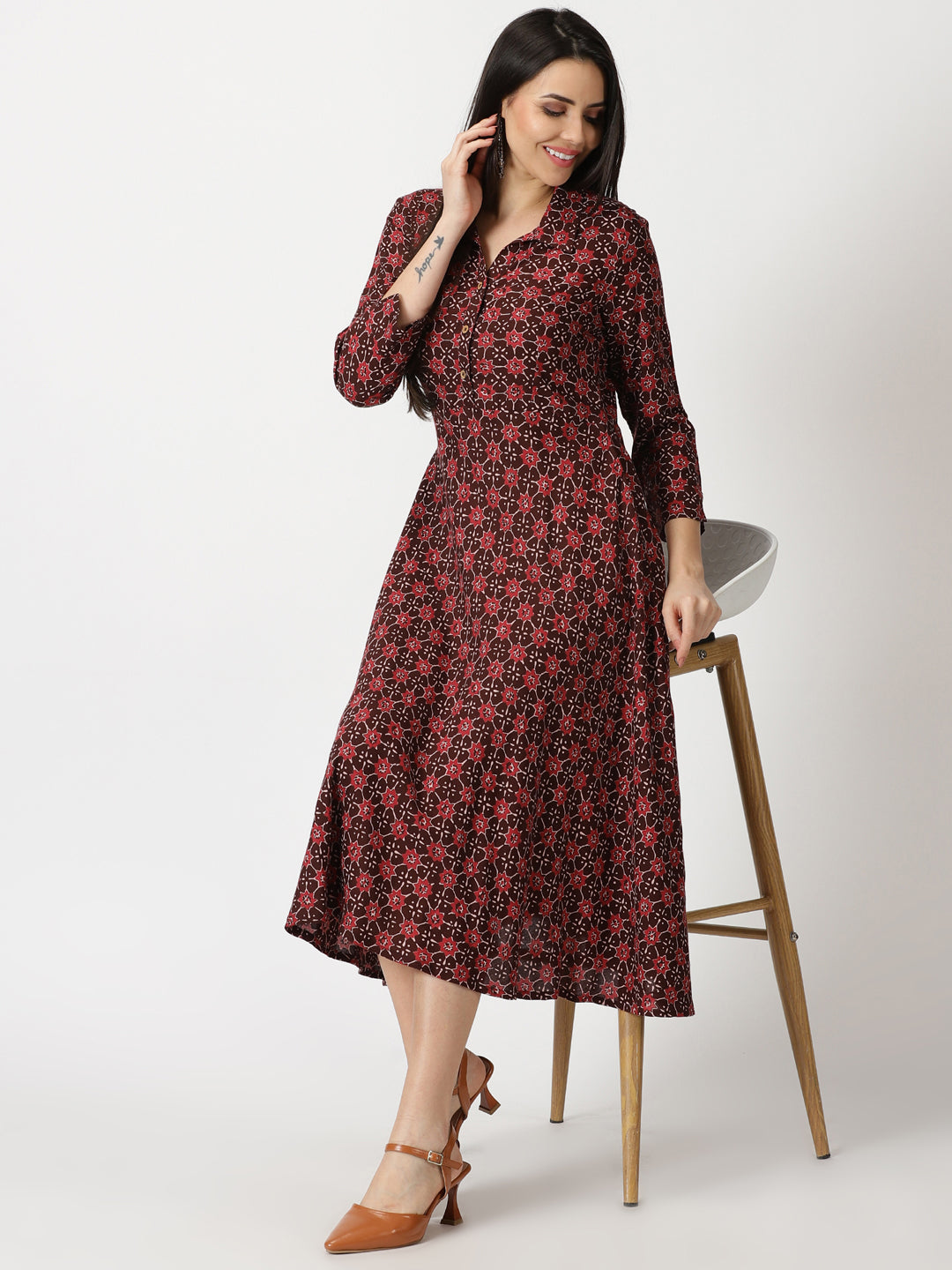 Abstract Print Shirt Collar Midi Dress