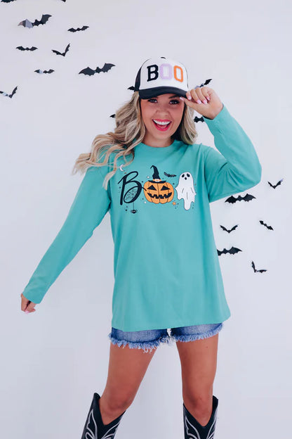 Boo Pumpkin And Ghost Graphic Tee - Turquoise