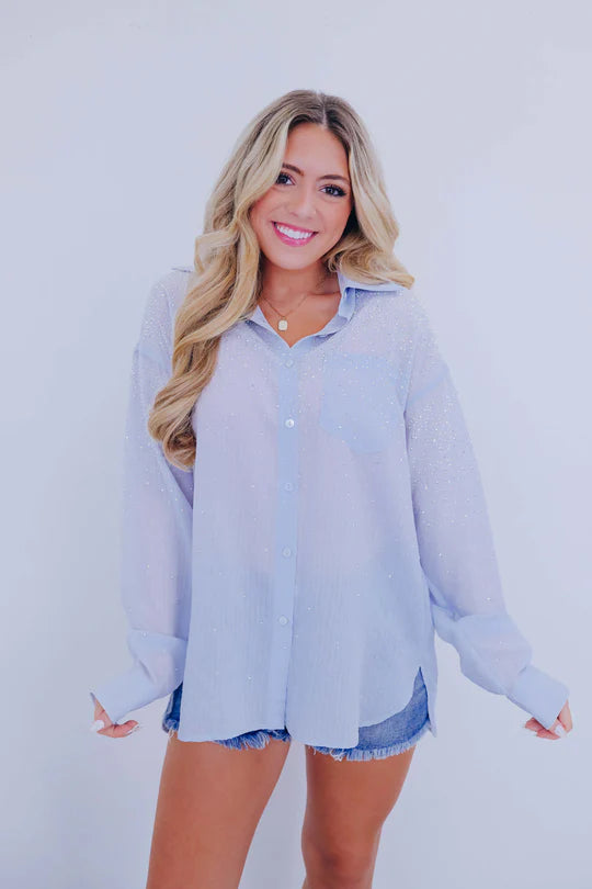 Cascading Rhinestone Button Up Shirt - 4 Colors