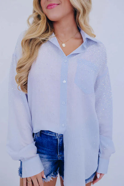 Cascading Rhinestone Button Up Shirt - 4 Colors