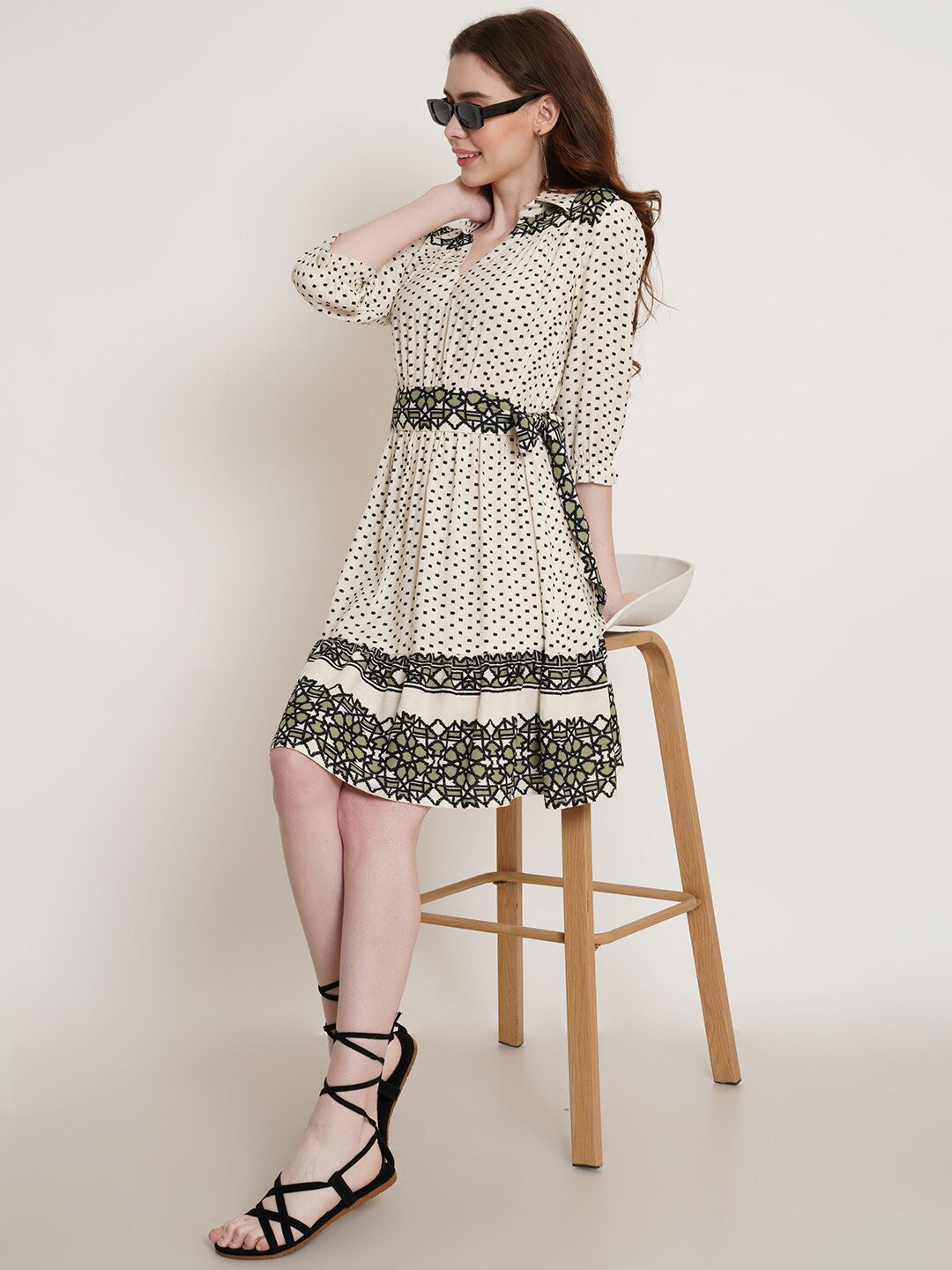 Flared Hem Geometric Print Dress with Puff Sleeves