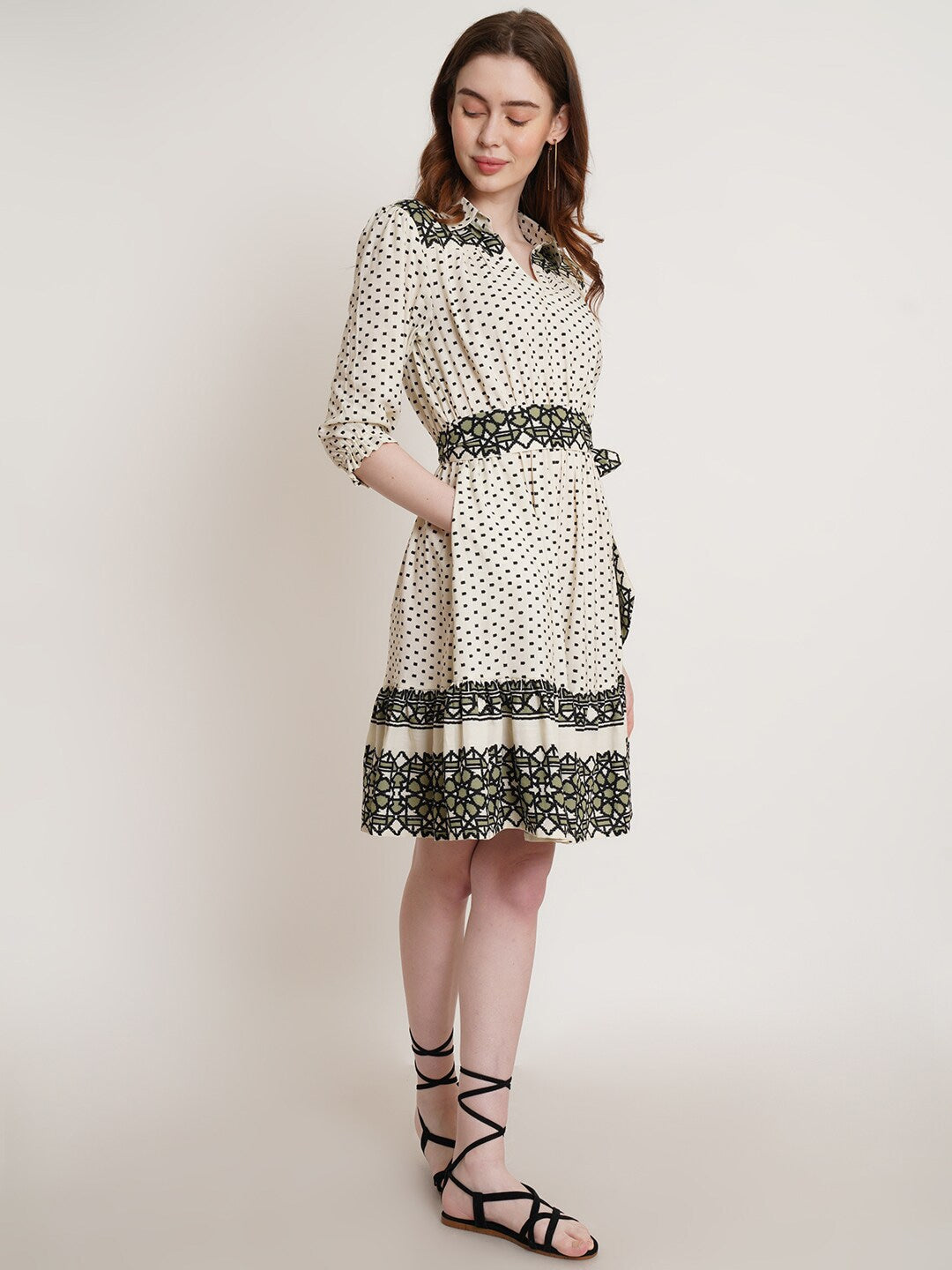 Flared Hem Geometric Print Dress with Puff Sleeves