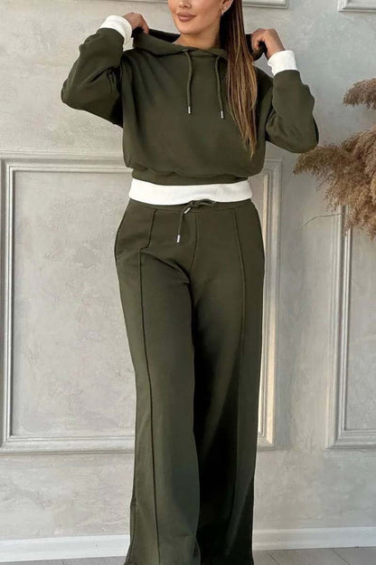 Women's Contrast Hem Hooded Sweatshirt Two-Piece Set