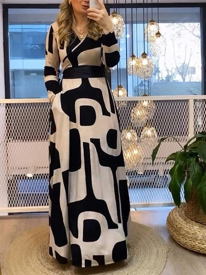 Geometric V-neck Long Sleeve Dress