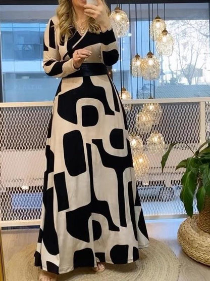 Geometric V-neck Long Sleeve Dress