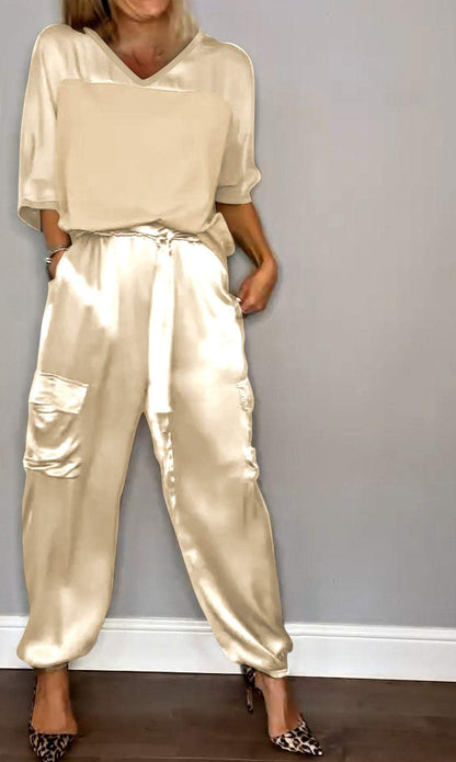 Half-sleeved Top and Pant Suit Two-piece