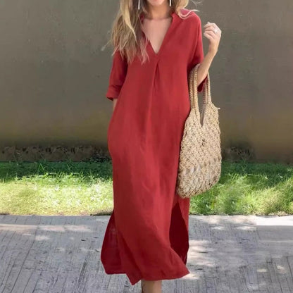 Linen Casual Style V-Neck Dress