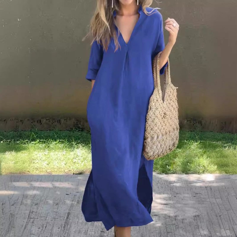 Linen Casual Style V-Neck Dress