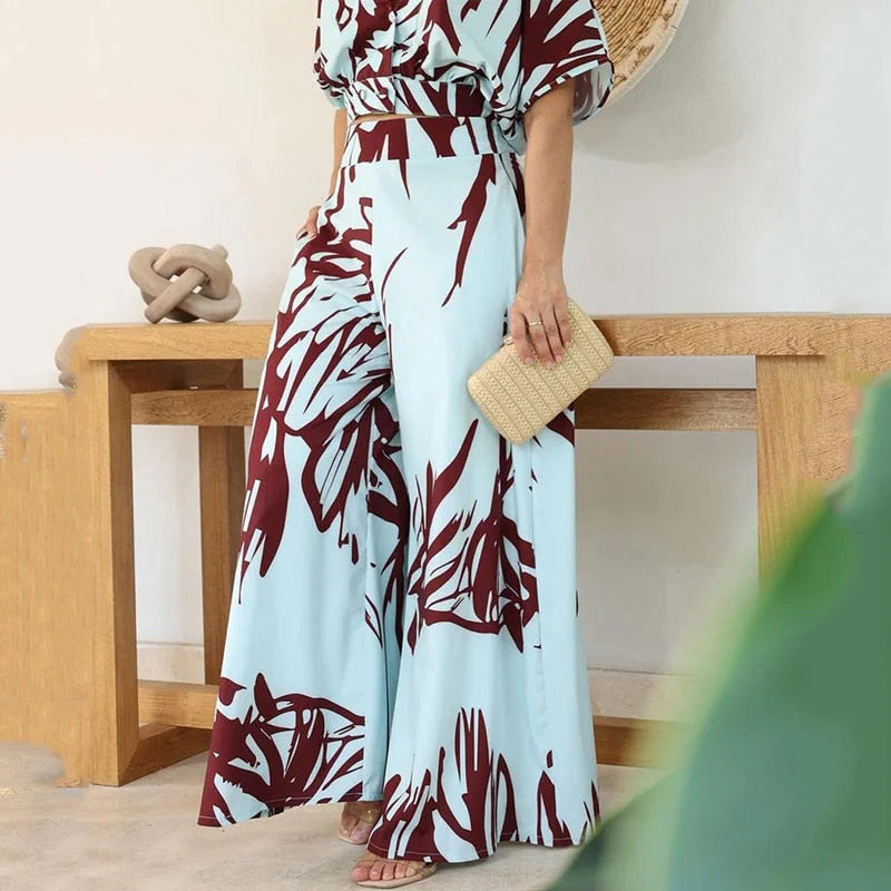 Women's Printed Top and Wide Leg Pants Set